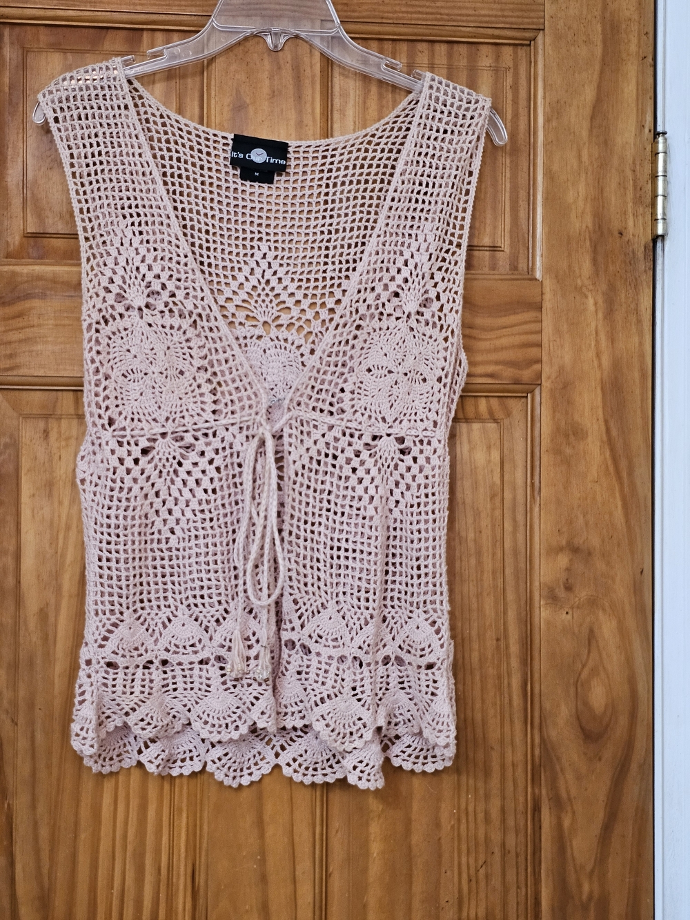 It's Our Time Blush Pink Crochet Boho Tie-Front Sleeveless Vest Top, Size M